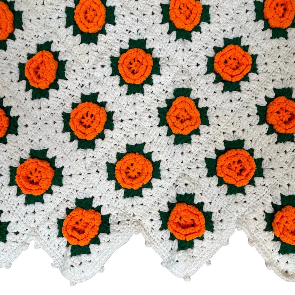 Vintage Crochet 3D Floral Knit Granny Square Blanket Orange‎ White Fall Decor